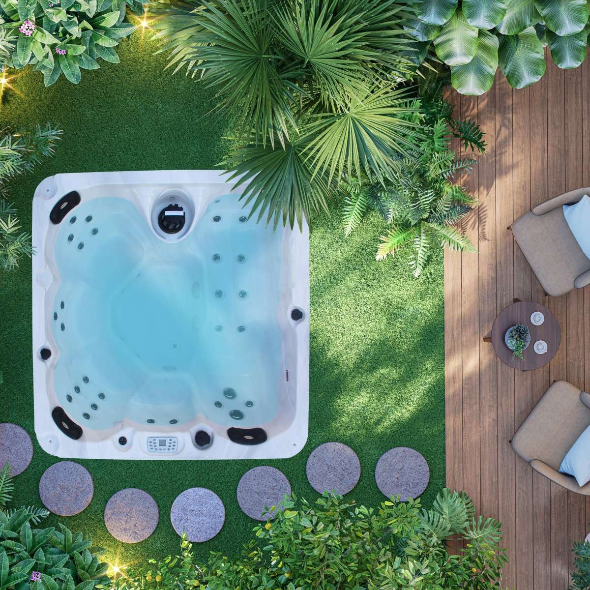 Outdoor Whirlpool PALMA White Marble incl. Cover & Steps 190x190x86 cm frost-proof