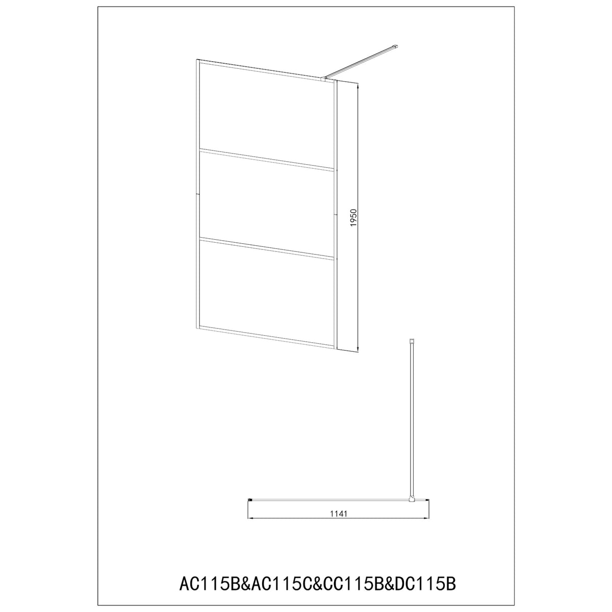 Walk In Dusche mit 3 teiligem Rahmen schwarz mit Designglas 114-115x195cm