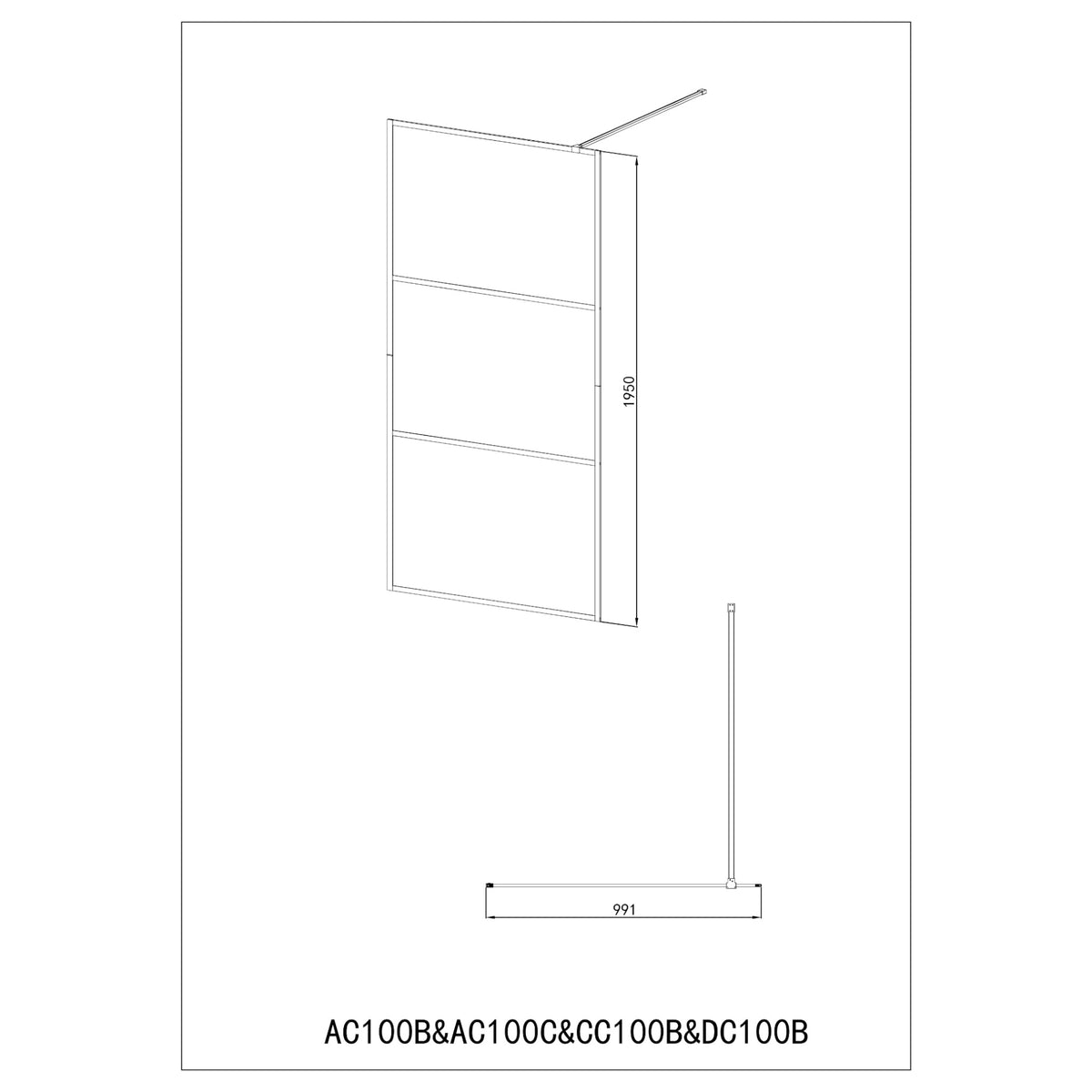Walk In Dusche mit 3 teiligem Rahmen schwarz mit Designglas 114-115x195cm