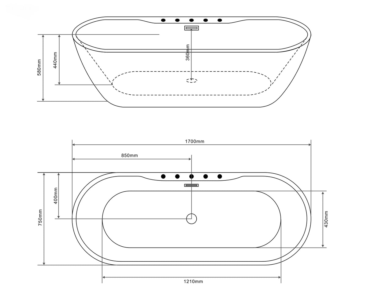 Freistehende Badewanne ARUBA schwarz matt 170x75x58 cm