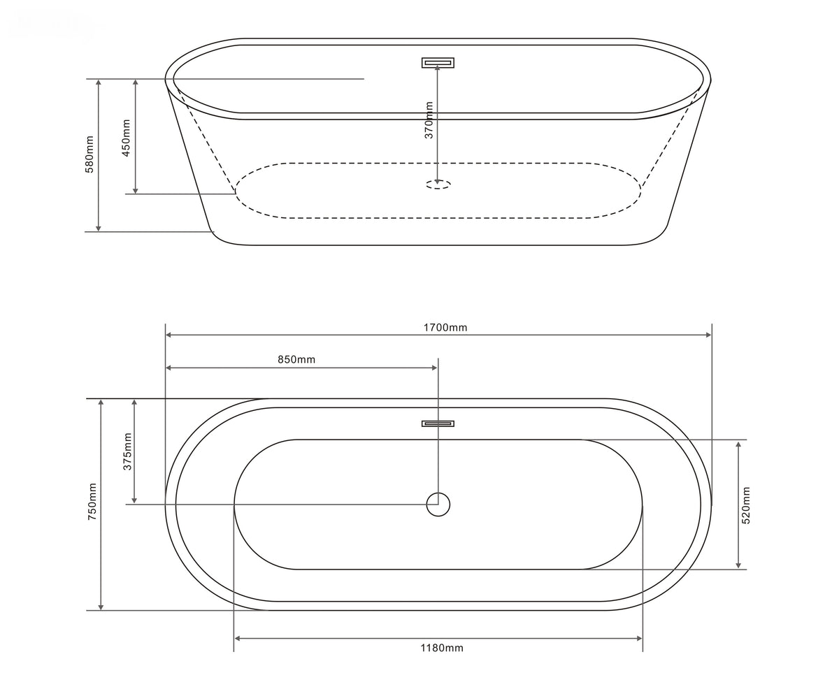 Freestanding bathtub RENO 170x75x58 cm