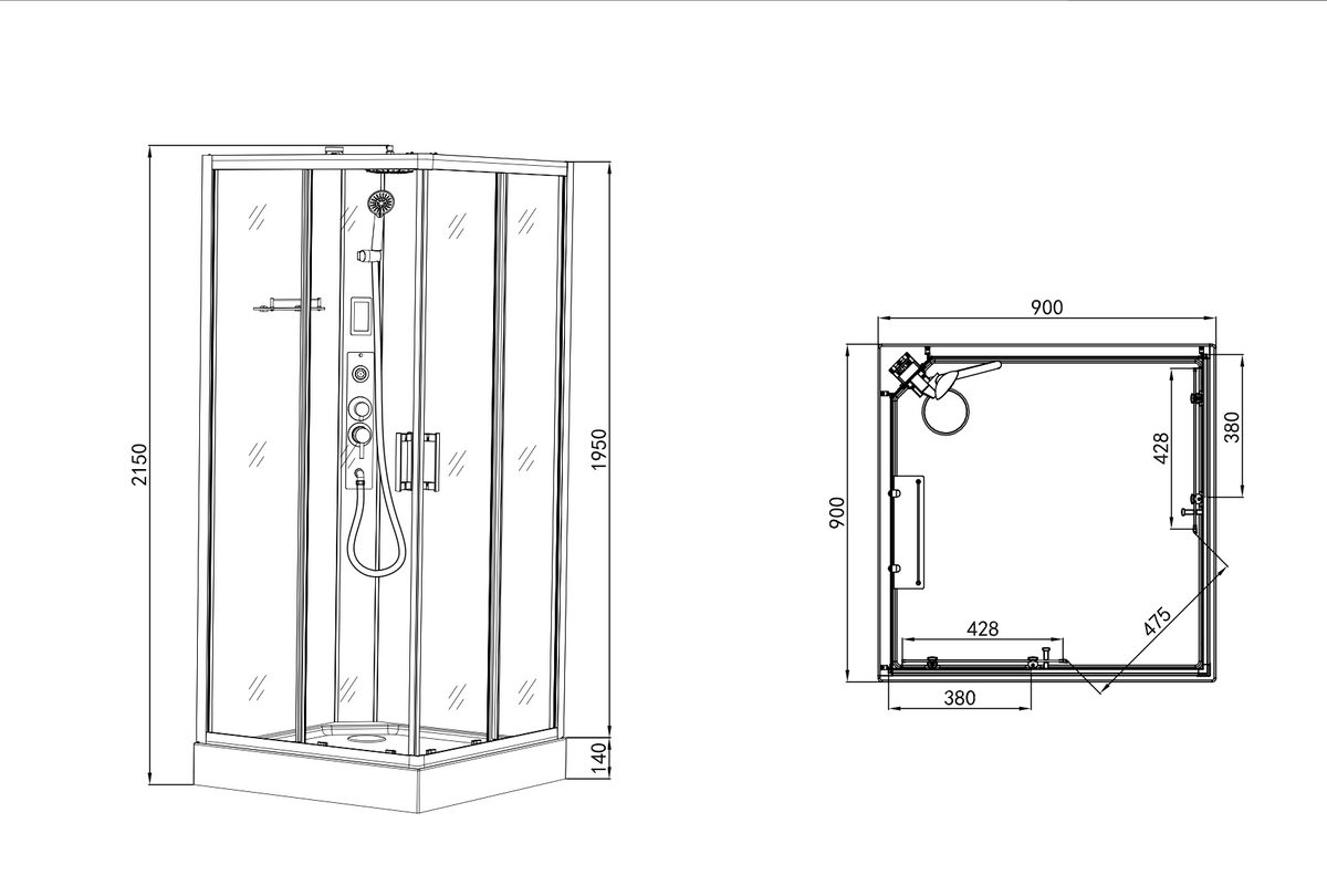 Complete Shower MIAMI BLACK - with Quick Assembly 90 x 90 x 215 cm