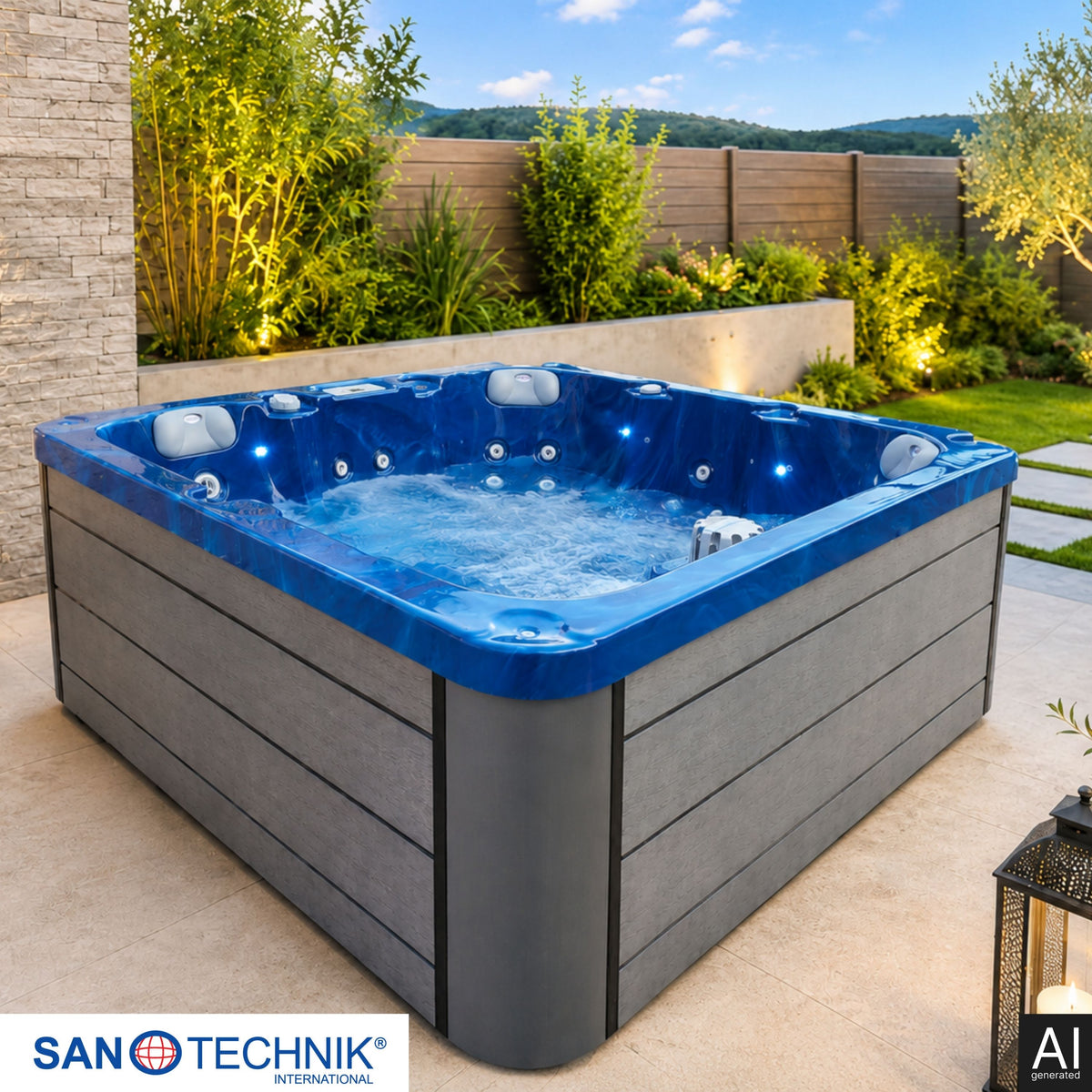 Outdoorwhirlpool PALMA Blue Marble inkl. Abdeckung & Stiege 190x190x86 cm frostsicher