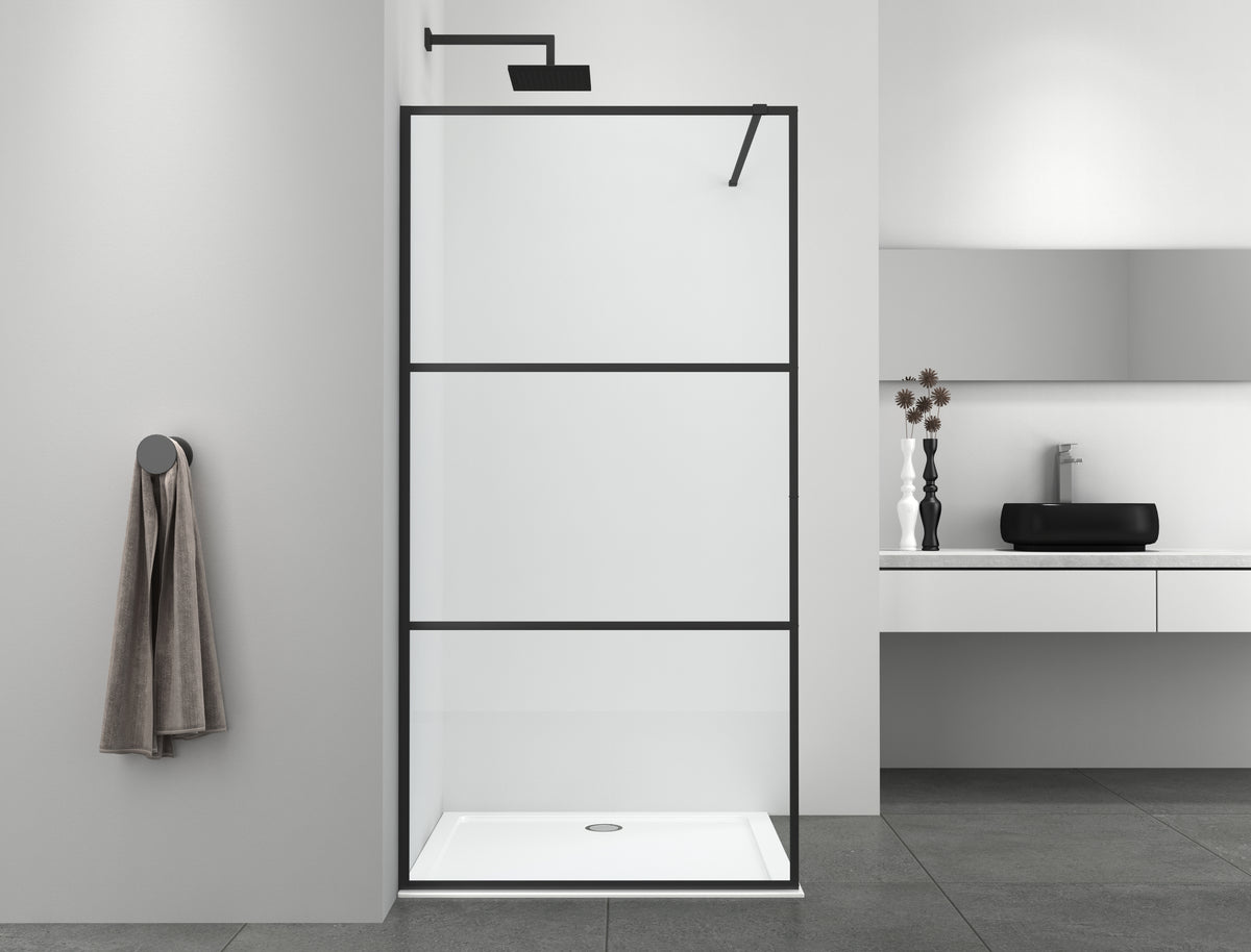 Walk In Dusche mit 3 teiligem Rahmen schwarz 114-115x195 cm