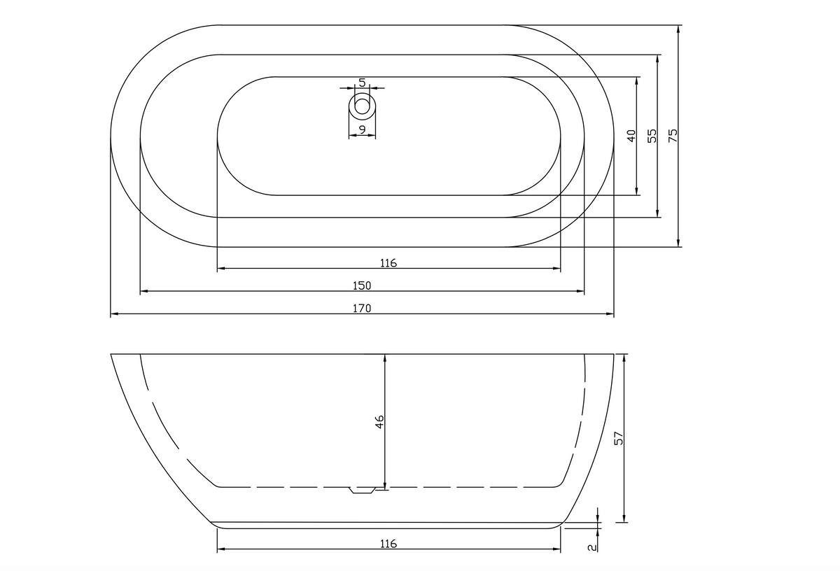 Freistehende Badewanne SYDNEY 170x75x60 cm