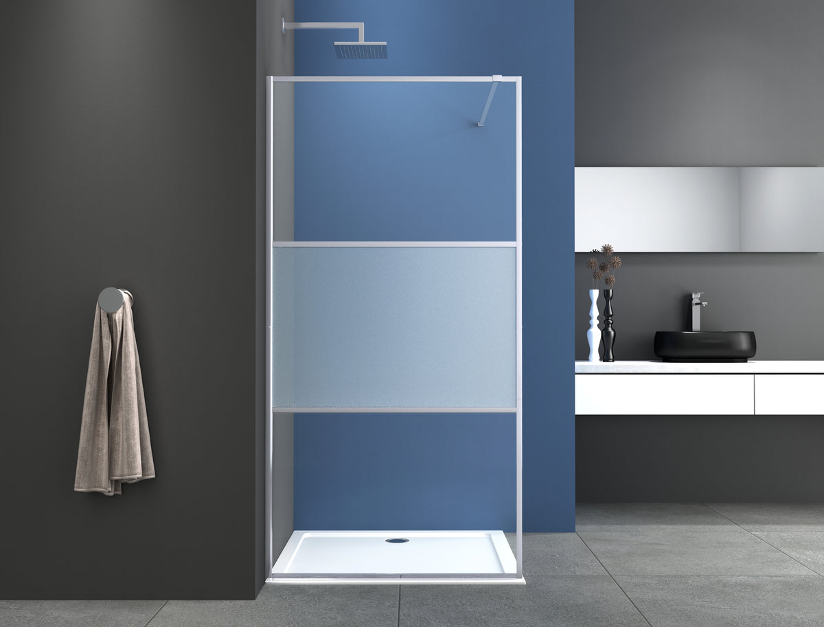 Walk In Dusche 3-teiliger Rahmen chrom mit mittigem Milchglas 114-115x195 cm