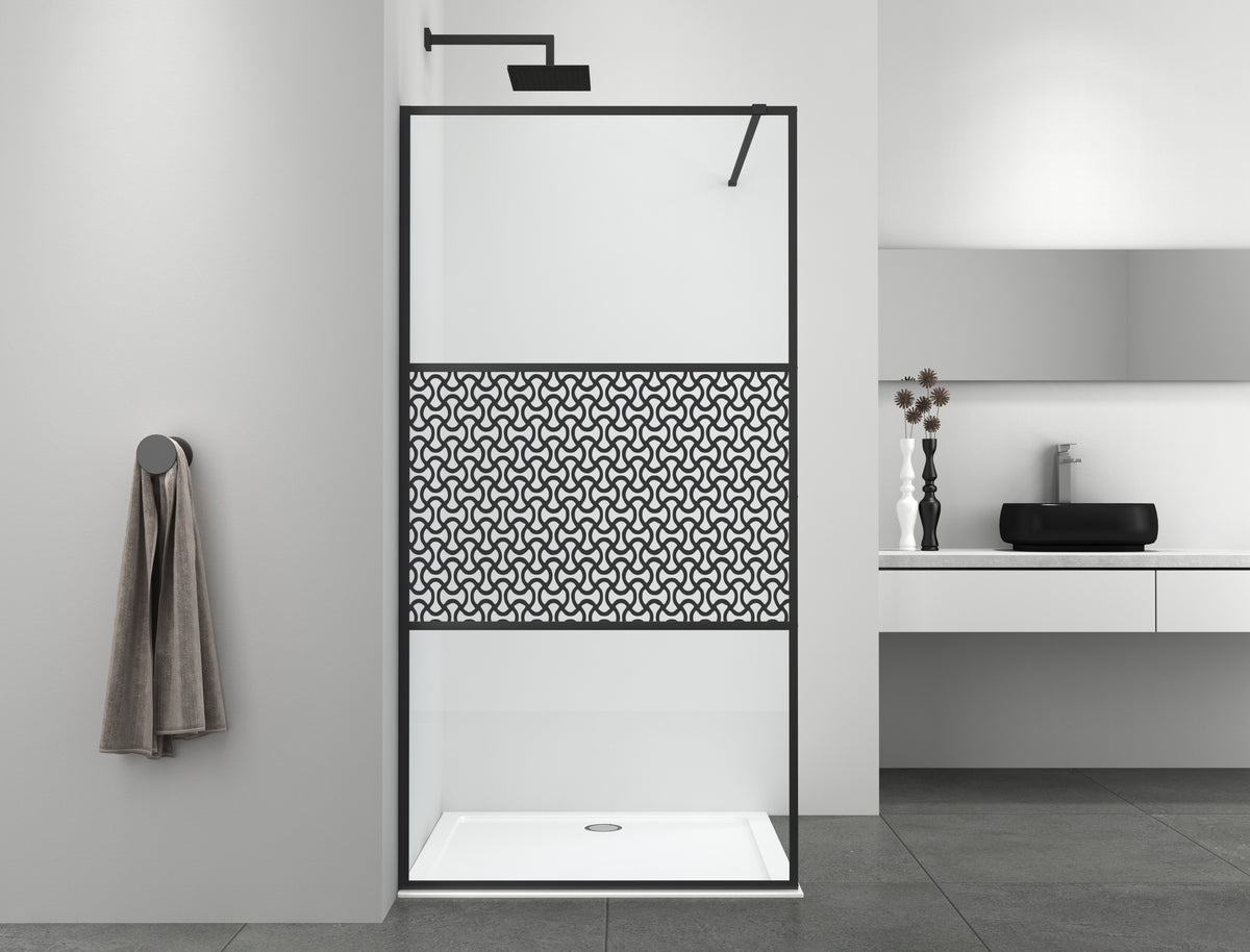 Walk In Dusche mit 3 teiligem Rahmen schwarz mit Designglas 114-115x195cm